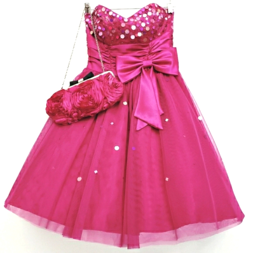 Josh & Jazz Retro Barbie Fushia Hot Pink Sequined Strapless Cocktail Dress & 👛